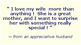 Text Box:  
 I love my wife  more than anything !  She is a great mother, and I want to surprise her with something really special ! 
 
~ from an appreciative husband
