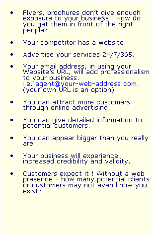 Text Box:  
 Flyers, brochures dont give enough
exposure to your business.  How do you get them in front of the right people?
 
 Your competitor has a website.
 
 Advertise your services 24/7/365.
 
 Your email address, in using your Websites URL, will add professionalism to your business.  
     i.e. agent@your-web-address.com.
(your own URL is an option)
 
 You can attract more customers through online advertising.
 
 You can give detailed information to potential customers.
 
 You can appear bigger than you really are ! 
 
 Your business will experience  increased credibility and validity.
 
 Customers expect it ! Without a web presence - how many potential clients or customers may not even know you exist? 
