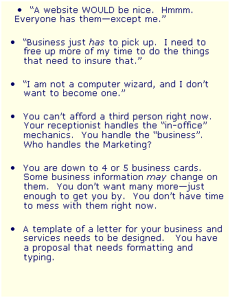 Text Box:   A website WOULD be nice.  Hmmm.  Everyone has themexcept me.  
 Business just has to pick up.  I need to free up more of my time to do the things that need to insure that.
 I am not a computer wizard, and I dont want to become one. 
 You cant afford a third person right now.  Your receptionist handles the in-office mechanics.  You handle the business.  Who handles the Marketing? 
 You are down to 4 or 5 business cards.  Some business information may change on them.  You dont want many morejust enough to get you by.  You dont have time to mess with them right now.
 A template of a letter for your business and services needs to be designed.   You have a proposal that needs formatting and typing.
